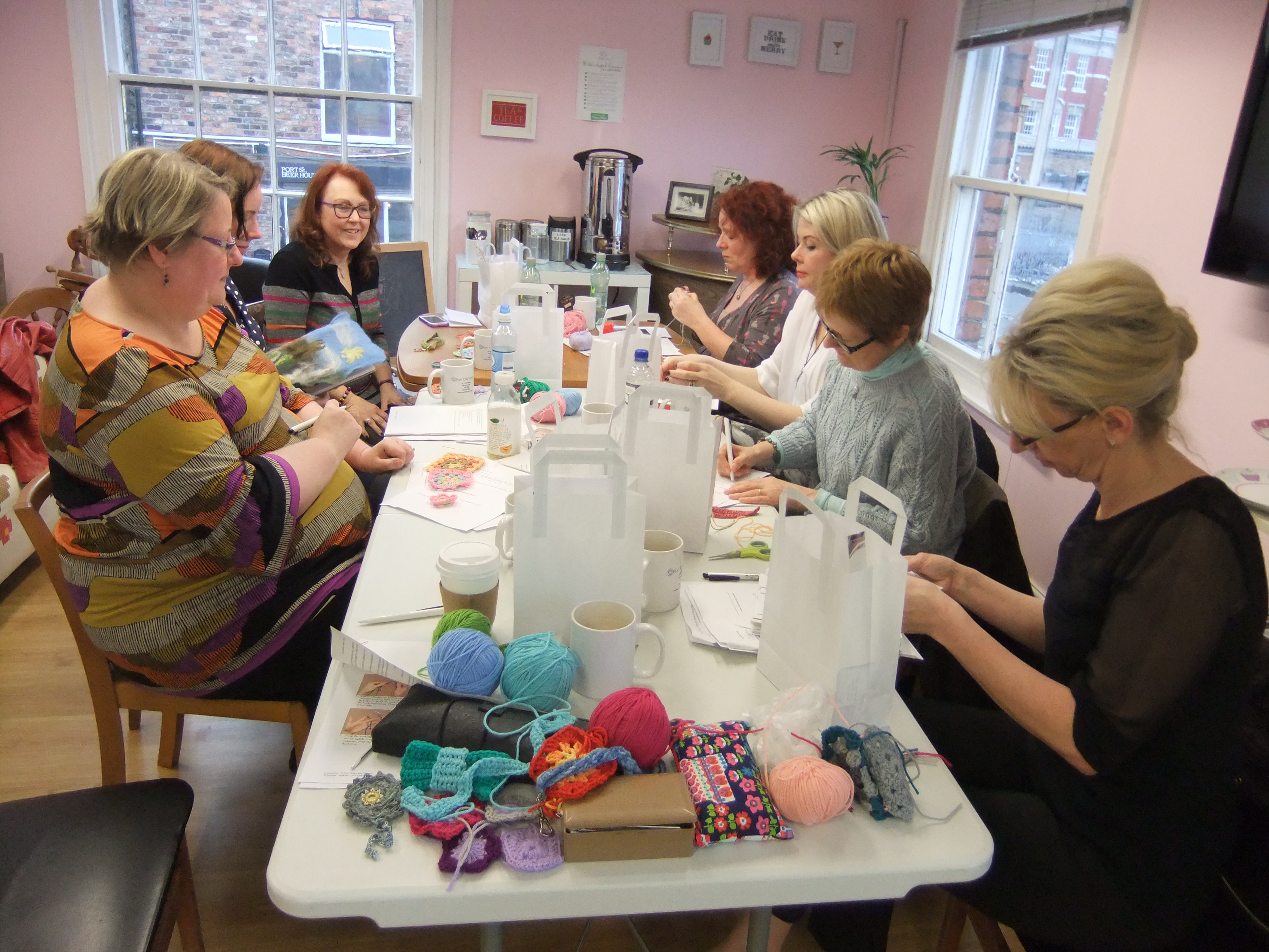 students at a crochet workshop with debbie tomkies of dt craft and design