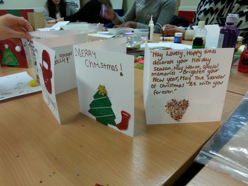 Salford Young Carers make gifts for the 42nd street pop-up shop project with Debbie Tomkies of Making Futures